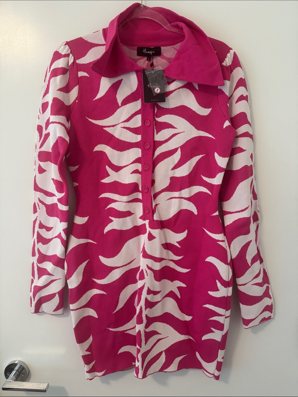HANIFA Pink and White Patterned Midi Dress
